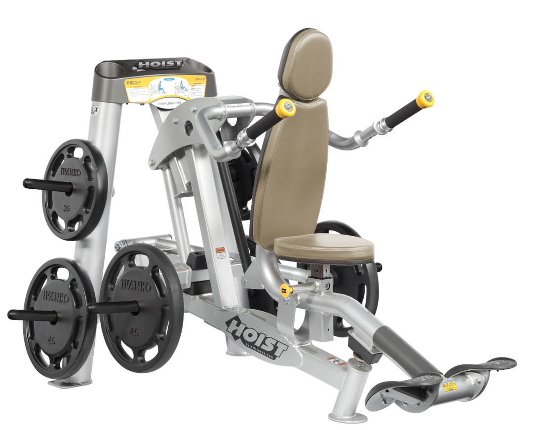 Hoist commercial seated dip machine with plate-loaded resistance, ergonomic seat, and angled handles for triceps training