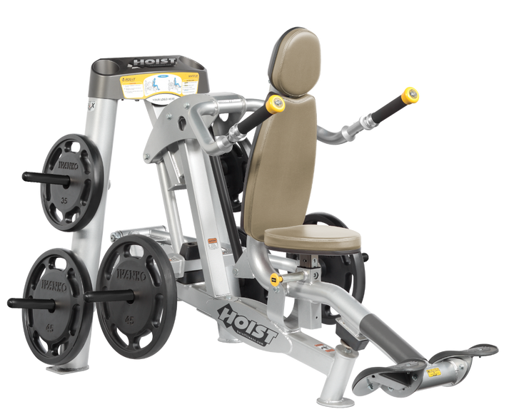 Hoist commercial seated dip machine with plate-loaded resistance, ergonomic seat, and angled handles for triceps training