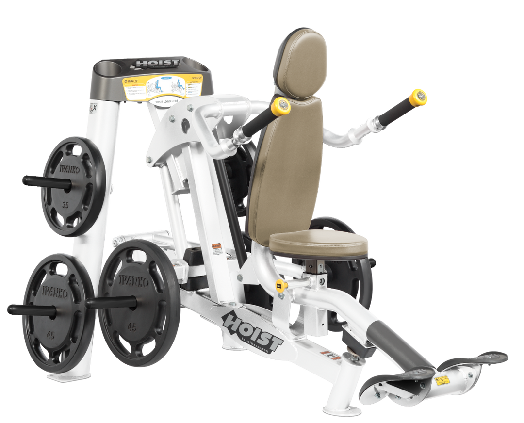 Hoist commercial seated dip machine with plate-loaded resistance, ergonomic seat, and angled handles for triceps training