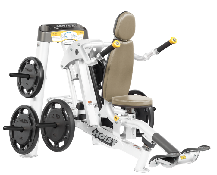 Hoist commercial seated dip machine with plate-loaded resistance, ergonomic seat, and angled handles for triceps training