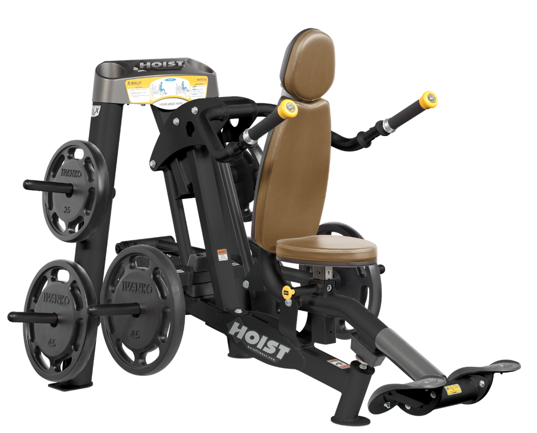 Hoist commercial seated dip machine with plate-loaded resistance, ergonomic seat, and angled handles for triceps training