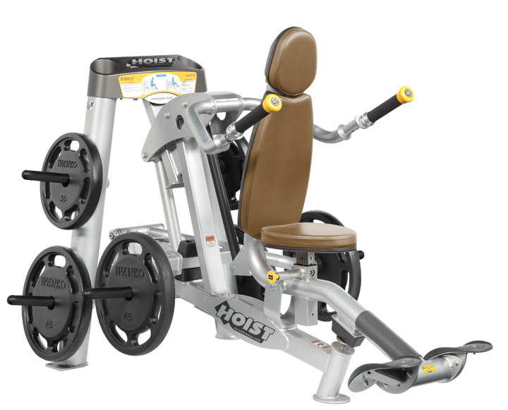 Hoist commercial seated dip machine with plate-loaded resistance, ergonomic seat, and angled handles for triceps training