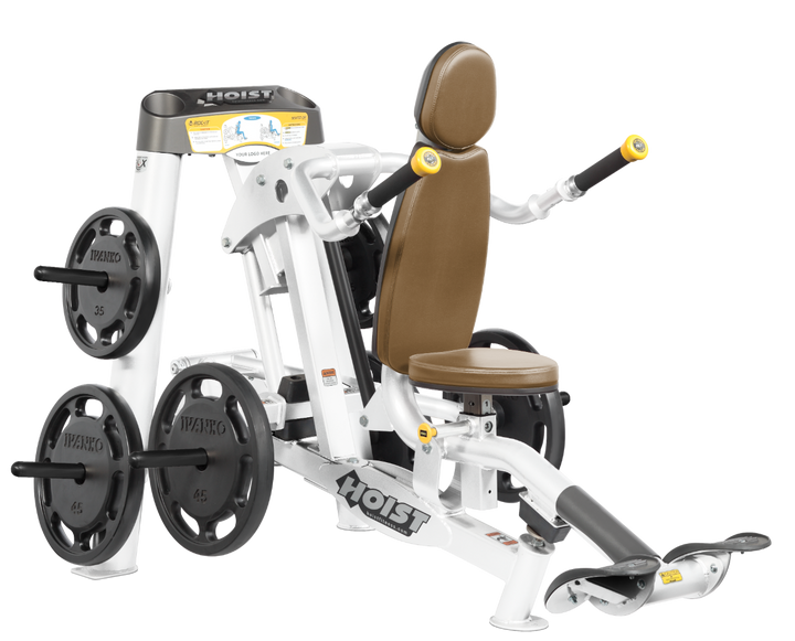 Hoist commercial seated dip machine with plate-loaded resistance, ergonomic seat, and angled handles for triceps training