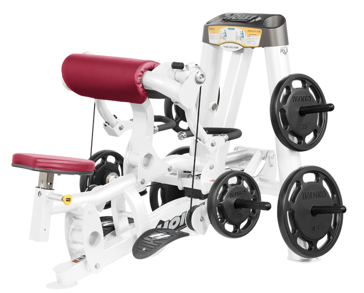 Hoist plate loaded biceps curl machine with angled arm pad, ergonomic seat, and weight plate storage for arm training