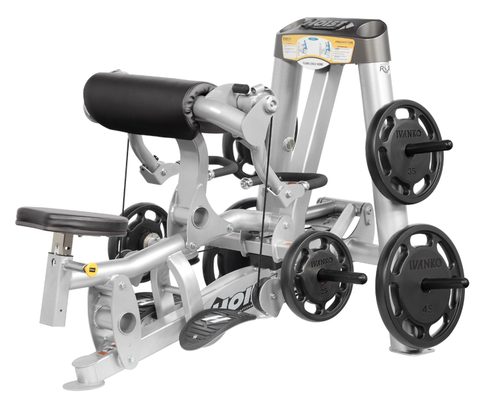 Hoist plate loaded biceps curl machine with angled arm pad, ergonomic seat, and weight plate storage for arm training