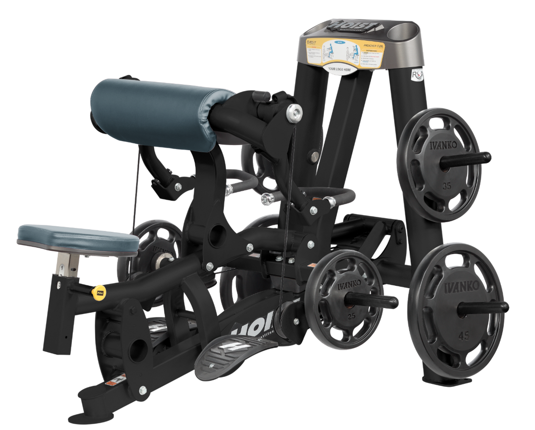 Hoist plate loaded biceps curl machine with angled arm pad, ergonomic seat, and weight plate storage for arm training