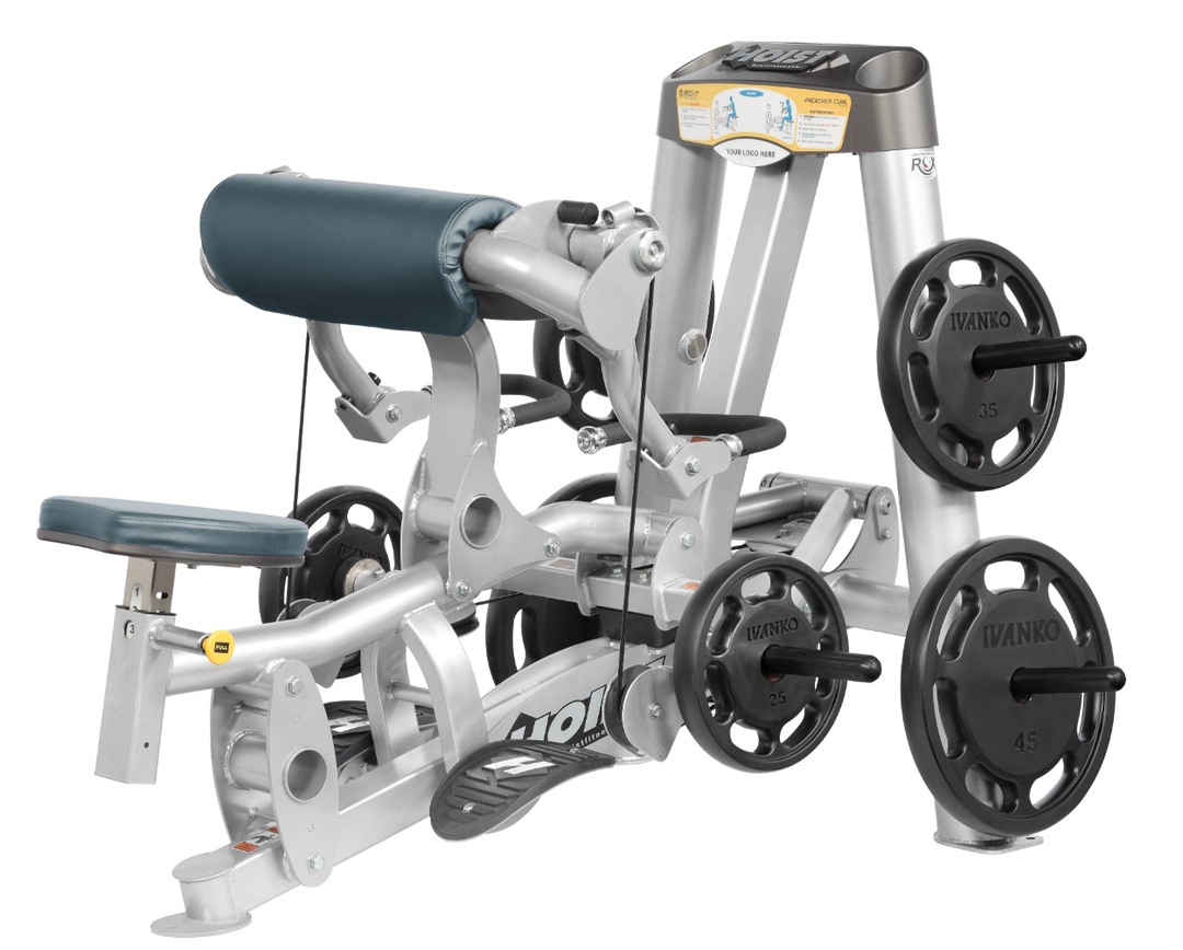 Hoist plate loaded biceps curl machine with angled arm pad, ergonomic seat, and weight plate storage for arm training