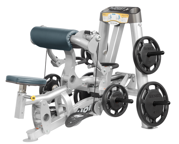 Hoist plate loaded biceps curl machine with angled arm pad, ergonomic seat, and weight plate storage for arm training