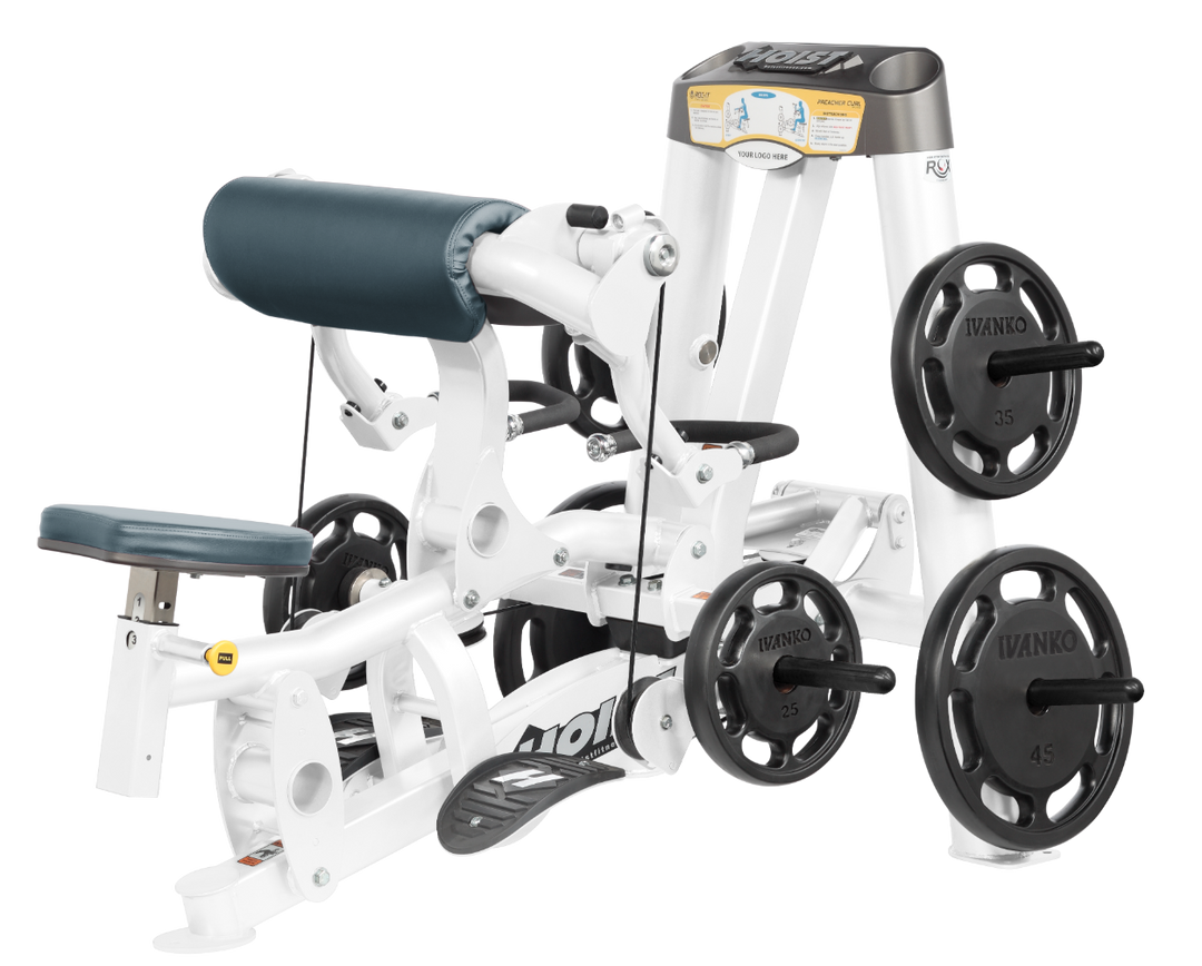 Hoist plate loaded biceps curl machine with angled arm pad, ergonomic seat, and weight plate storage for arm training