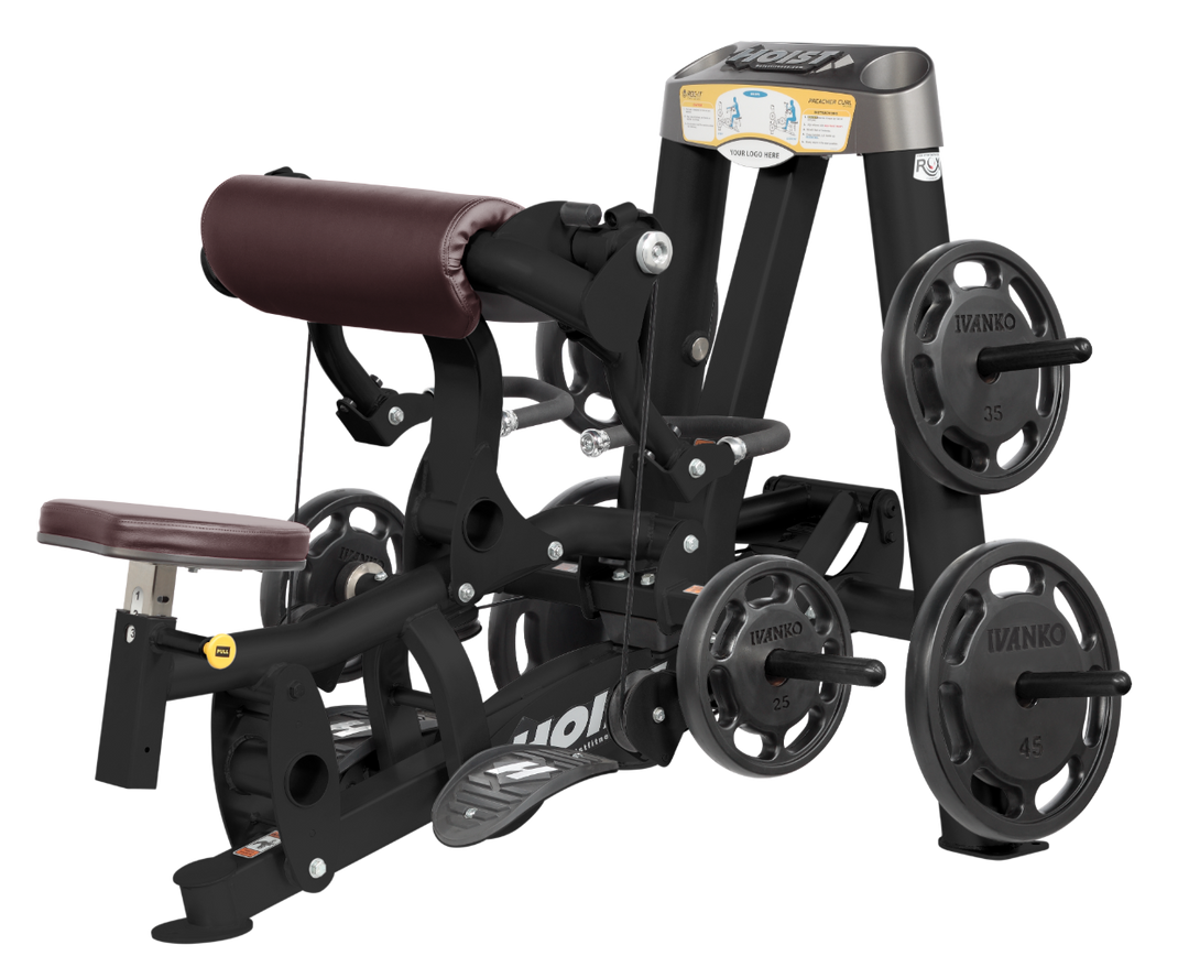 Hoist plate loaded biceps curl machine with angled arm pad, ergonomic seat, and weight plate storage for arm training
