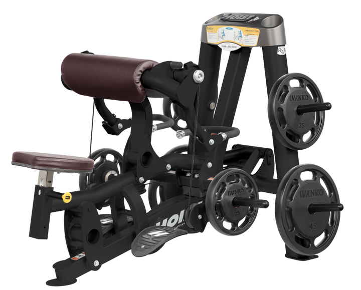 Hoist plate loaded biceps curl machine with angled arm pad, ergonomic seat, and weight plate storage for arm training