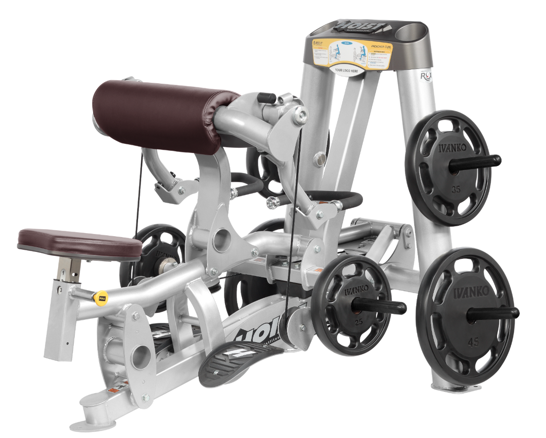 Hoist plate loaded biceps curl machine with angled arm pad, ergonomic seat, and weight plate storage for arm training