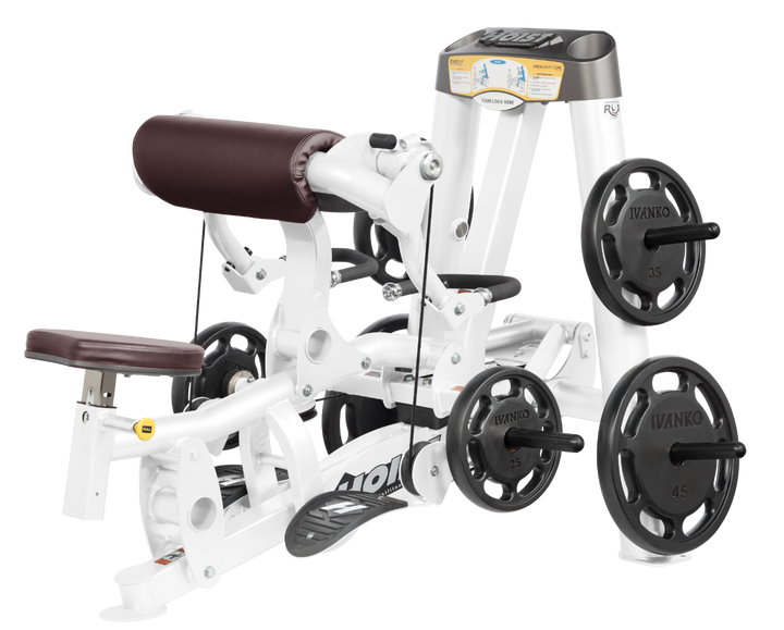 Hoist plate loaded biceps curl machine with angled arm pad, ergonomic seat, and weight plate storage for arm training