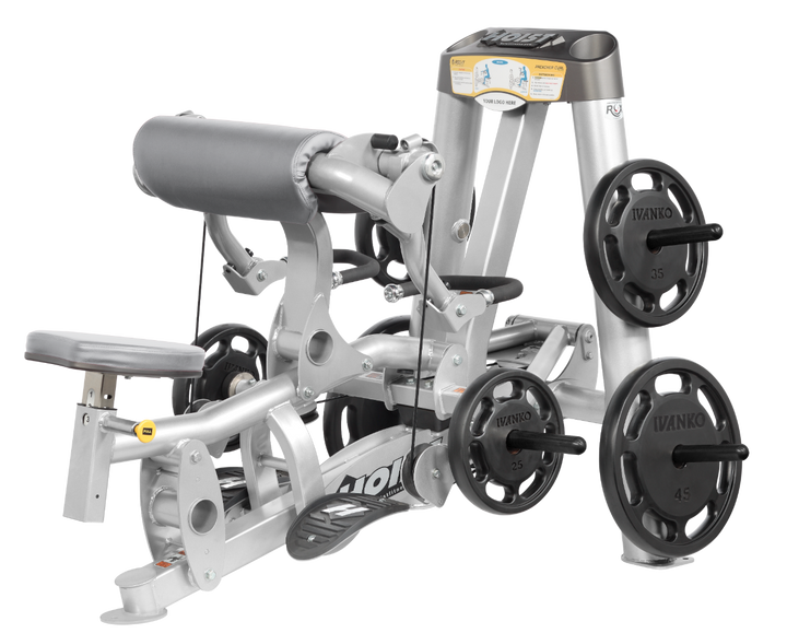Hoist plate loaded biceps curl machine with angled arm pad, ergonomic seat, and weight plate storage for arm training