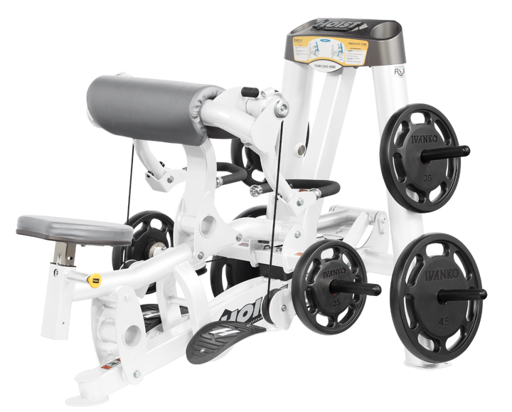Hoist plate loaded biceps curl machine with angled arm pad, ergonomic seat, and weight plate storage for arm training