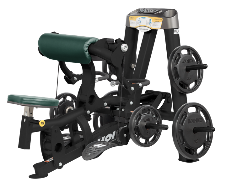 Hoist plate loaded biceps curl machine with angled arm pad, ergonomic seat, and weight plate storage for arm training