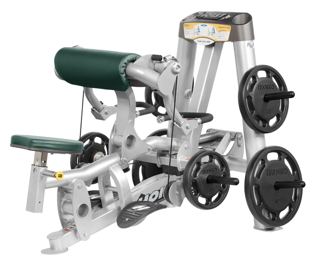Hoist plate loaded biceps curl machine with angled arm pad, ergonomic seat, and weight plate storage for arm training