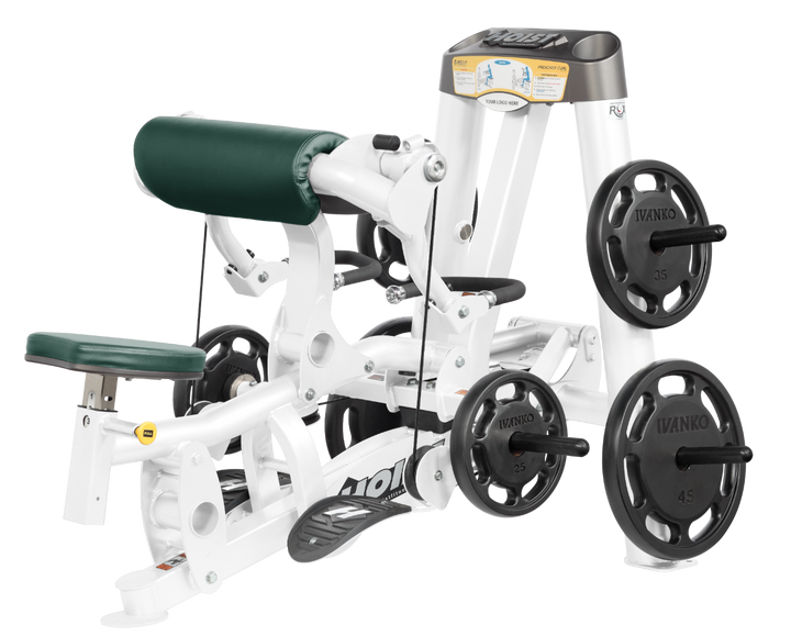 Hoist plate loaded biceps curl machine with angled arm pad, ergonomic seat, and weight plate storage for arm training