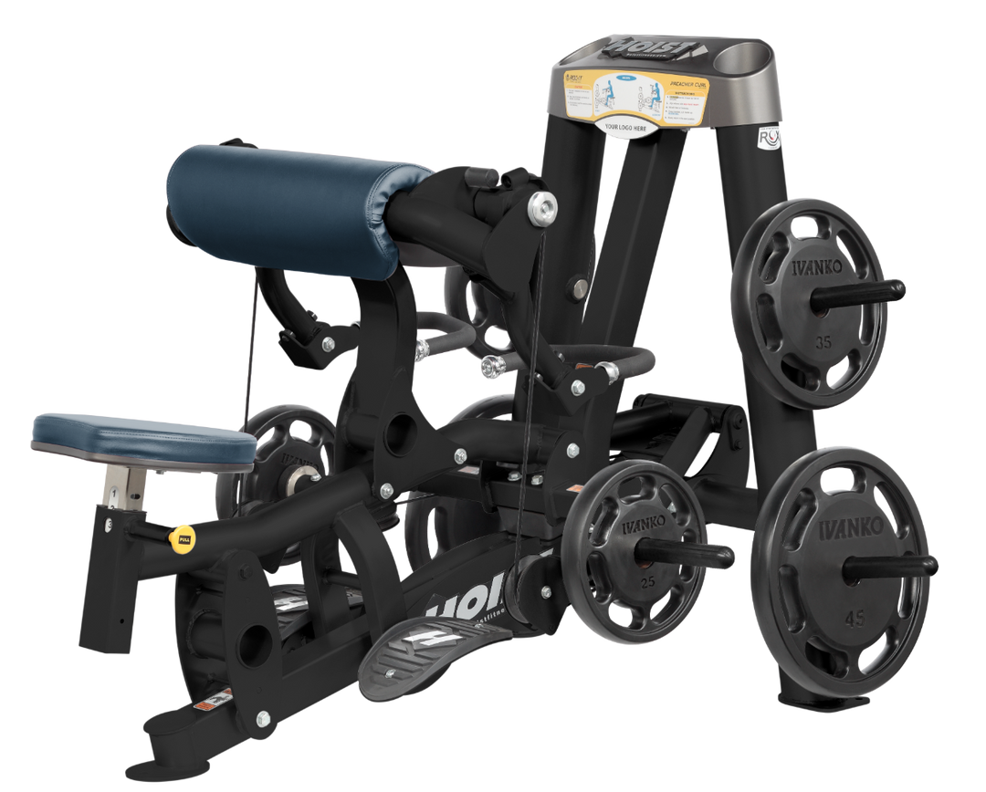 Hoist plate loaded biceps curl machine with angled arm pad, ergonomic seat, and weight plate storage for arm training