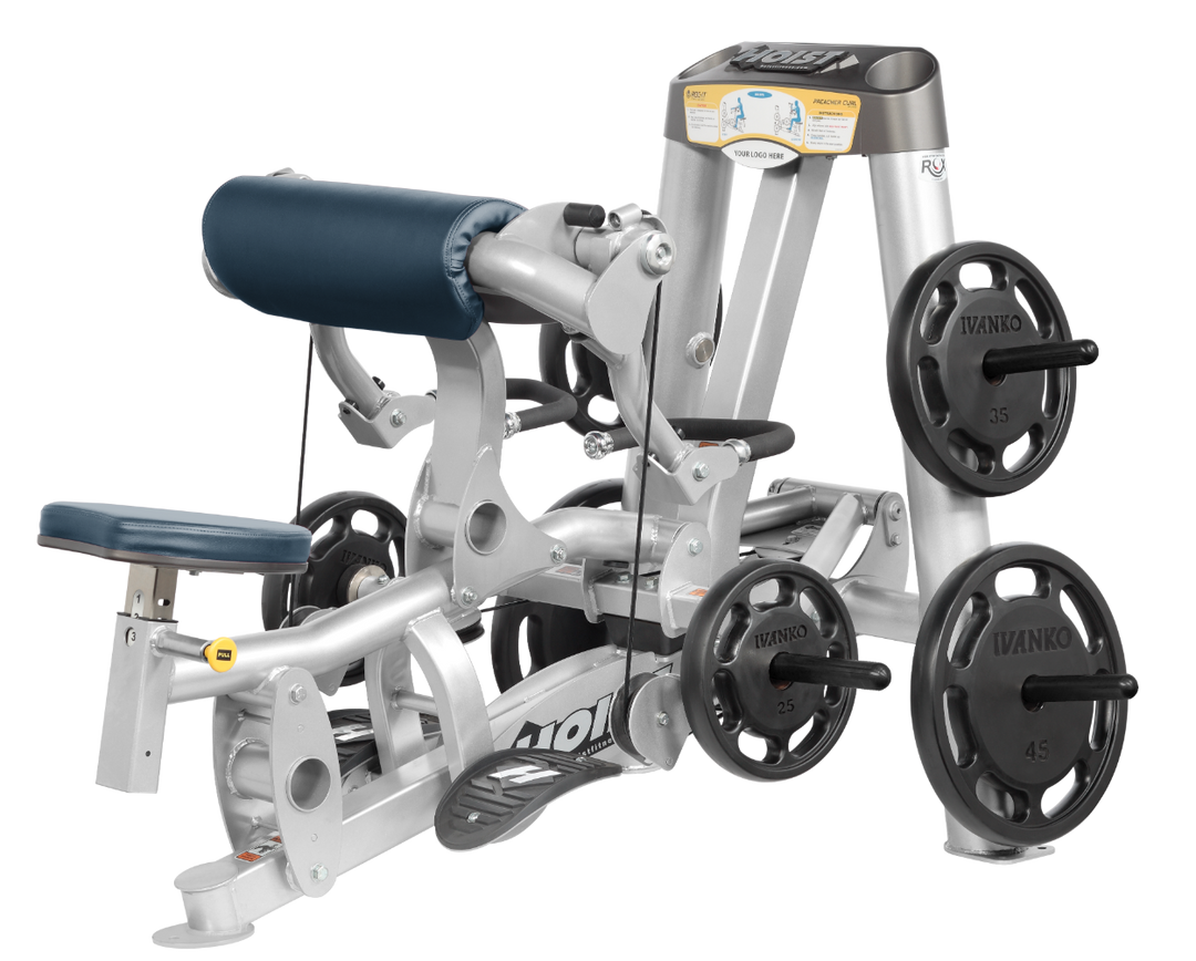 Hoist plate loaded biceps curl machine with angled arm pad, ergonomic seat, and weight plate storage for arm training