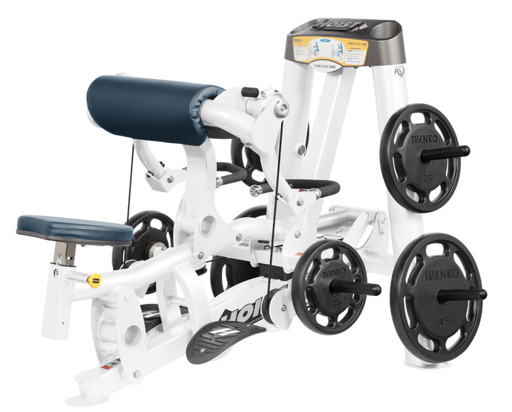 Hoist plate loaded biceps curl machine with angled arm pad, ergonomic seat, and weight plate storage for arm training