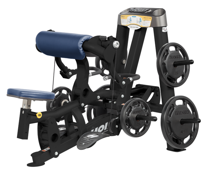 Hoist plate loaded biceps curl machine with angled arm pad, ergonomic seat, and weight plate storage for arm training