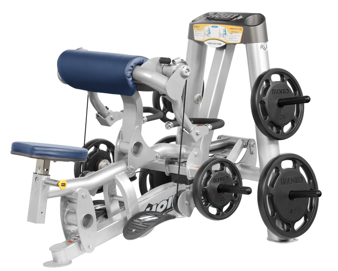 Hoist plate loaded biceps curl machine with angled arm pad, ergonomic seat, and weight plate storage for arm training