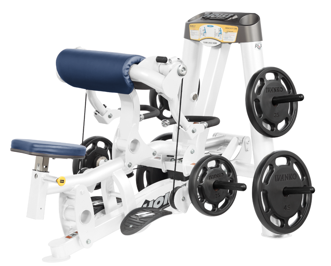 Hoist plate loaded biceps curl machine with angled arm pad, ergonomic seat, and weight plate storage for arm training