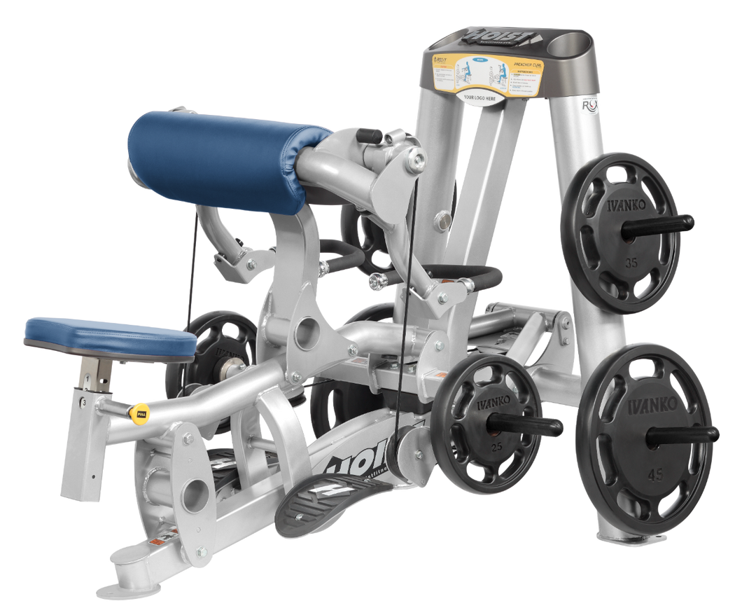 Hoist plate loaded biceps curl machine with angled arm pad, ergonomic seat, and weight plate storage for arm training