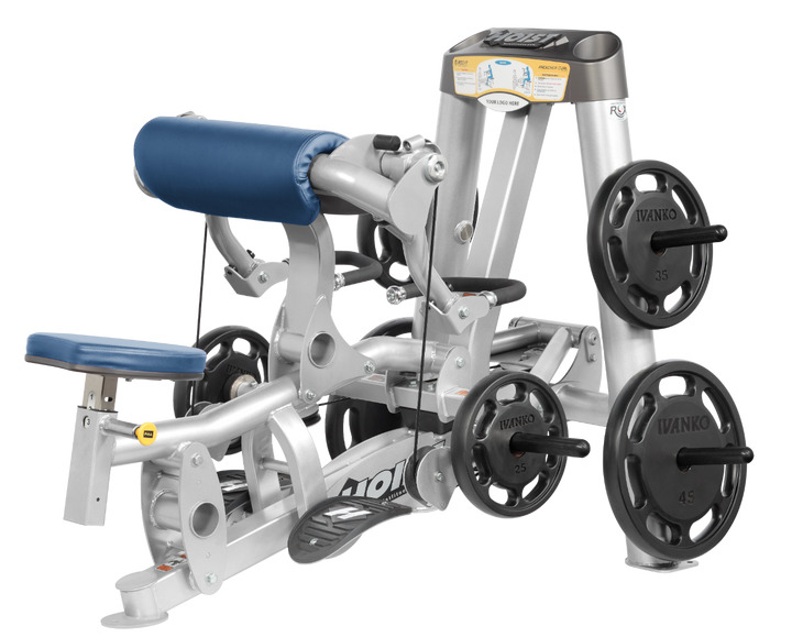 Hoist plate loaded biceps curl machine with angled arm pad, ergonomic seat, and weight plate storage for arm training