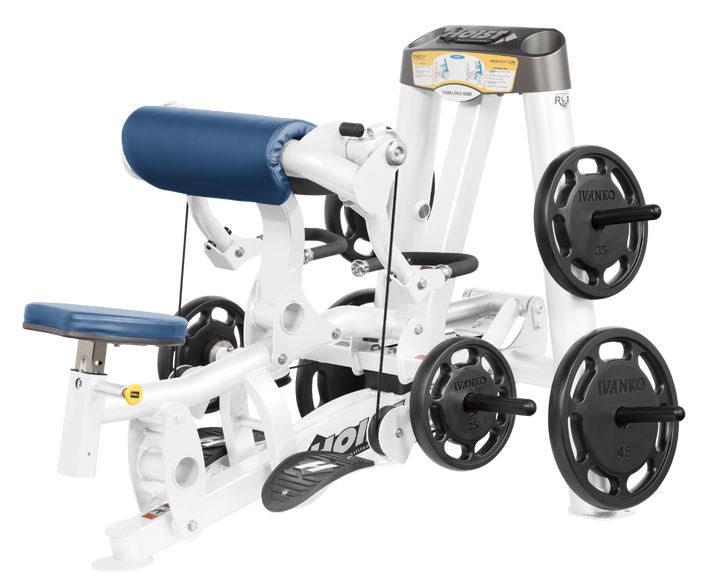 Hoist plate loaded biceps curl machine with angled arm pad, ergonomic seat, and weight plate storage for arm training
