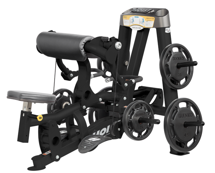 Hoist plate loaded biceps curl machine with angled arm pad, ergonomic seat, and weight plate storage for arm training