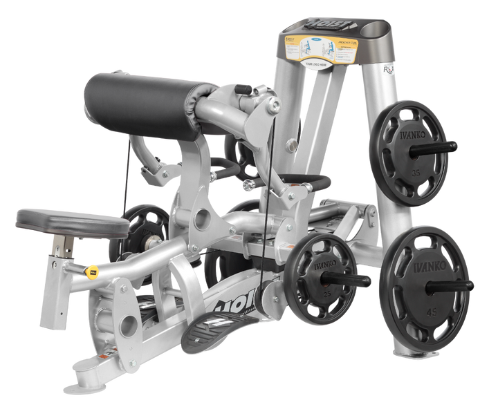 Hoist plate loaded biceps curl machine with angled arm pad, ergonomic seat, and weight plate storage for arm training
