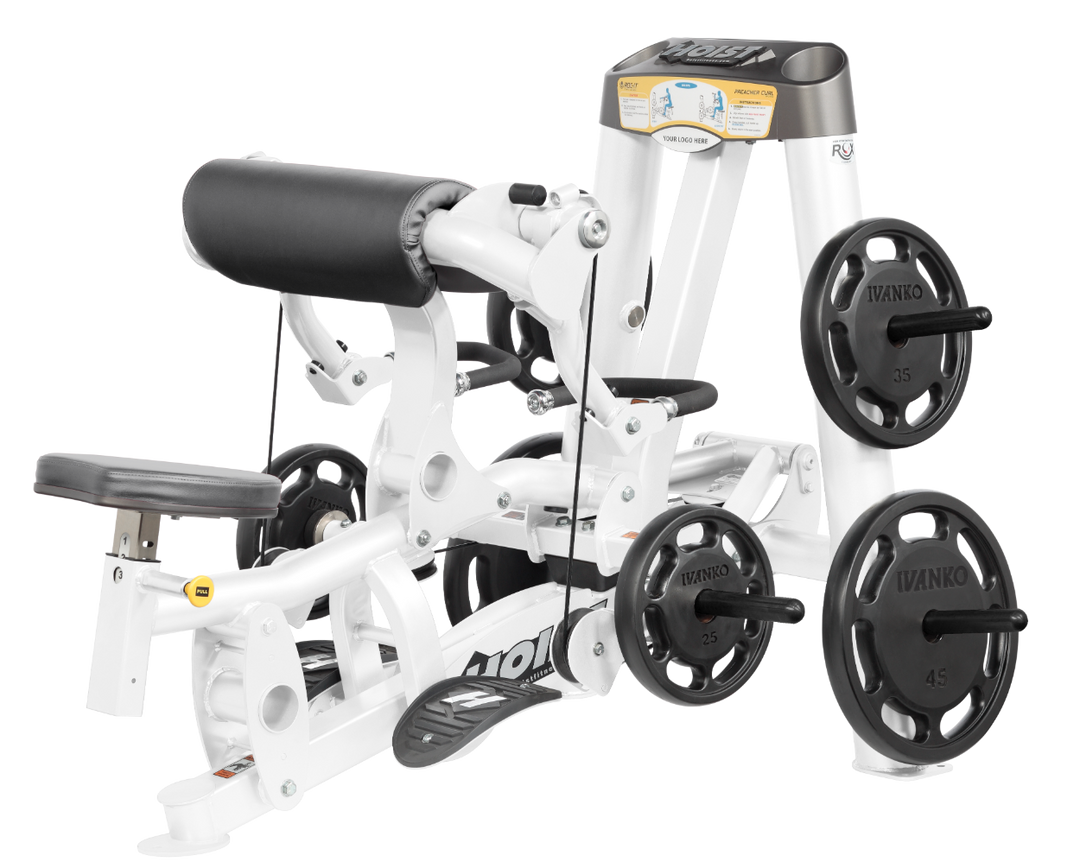 Hoist plate loaded biceps curl machine with angled arm pad, ergonomic seat, and weight plate storage for arm training