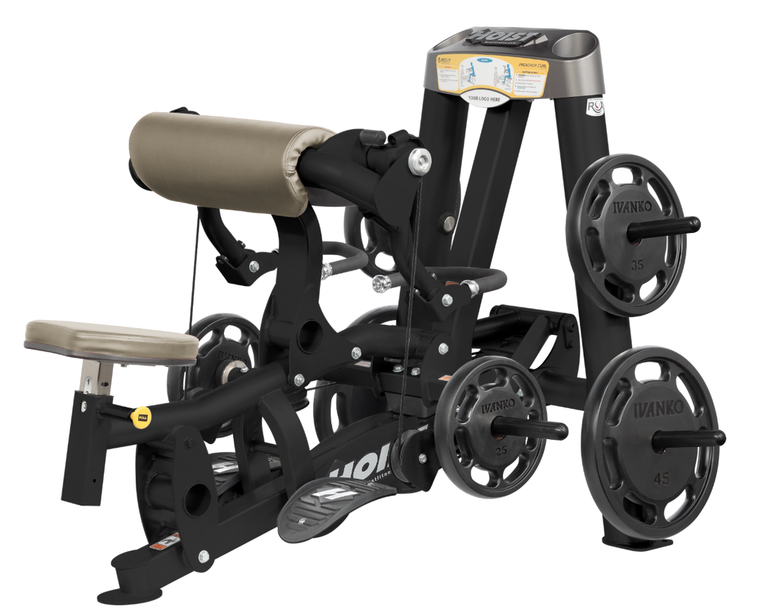 Hoist plate loaded biceps curl machine with angled arm pad, ergonomic seat, and weight plate storage for arm training