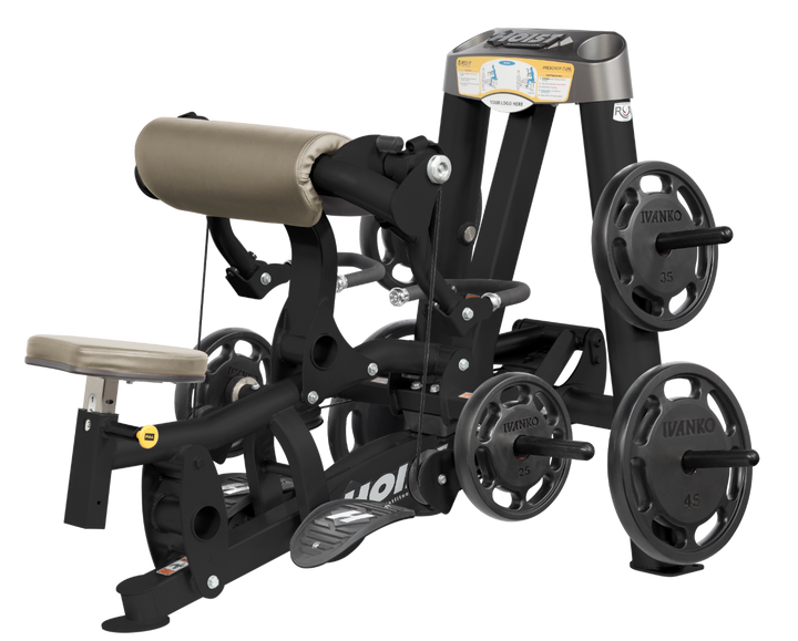 Hoist plate loaded biceps curl machine with angled arm pad, ergonomic seat, and weight plate storage for arm training