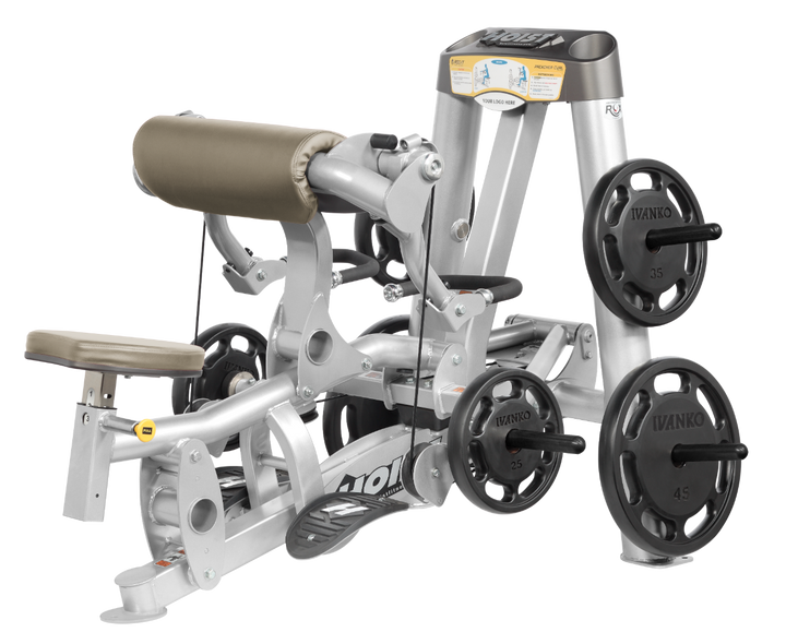 Hoist plate loaded biceps curl machine with angled arm pad, ergonomic seat, and weight plate storage for arm training