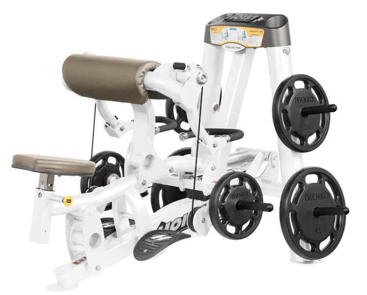 Hoist plate loaded biceps curl machine with angled arm pad, ergonomic seat, and weight plate storage for arm training