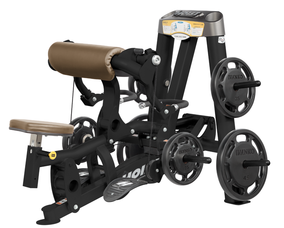 Hoist plate loaded biceps curl machine with angled arm pad, ergonomic seat, and weight plate storage for arm training