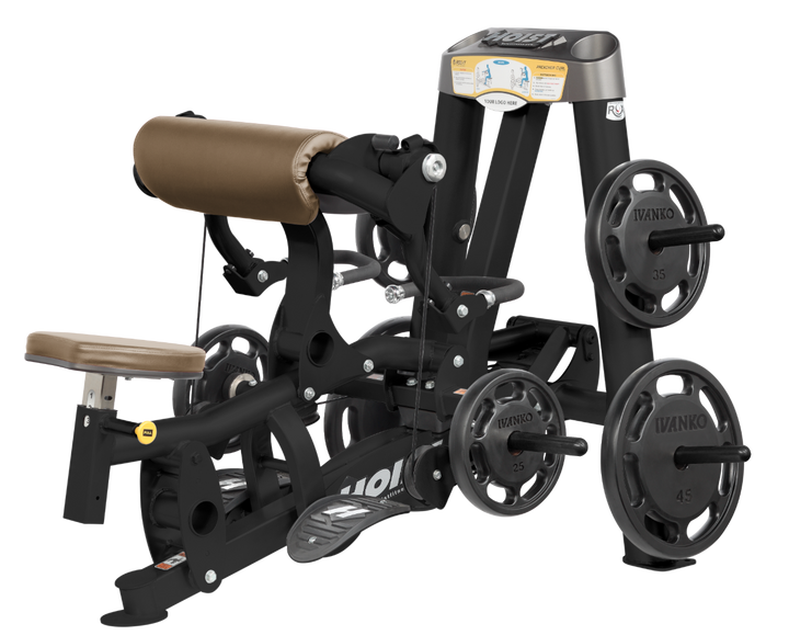 Hoist plate loaded biceps curl machine with angled arm pad, ergonomic seat, and weight plate storage for arm training