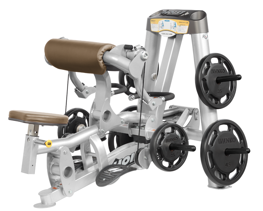 Hoist plate loaded biceps curl machine with angled arm pad, ergonomic seat, and weight plate storage for arm training