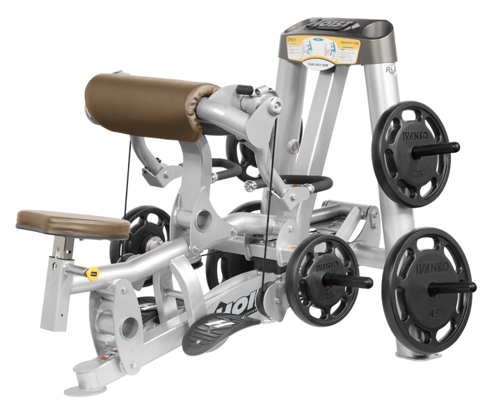 Hoist plate loaded biceps curl machine with angled arm pad, ergonomic seat, and weight plate storage for arm training