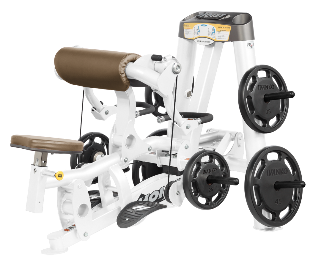 Hoist plate loaded biceps curl machine with angled arm pad, ergonomic seat, and weight plate storage for arm training