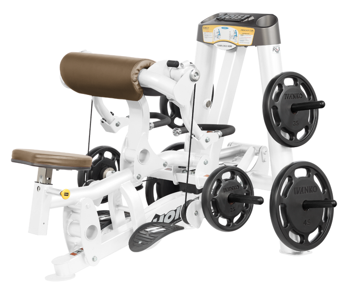 Hoist plate loaded biceps curl machine with angled arm pad, ergonomic seat, and weight plate storage for arm training