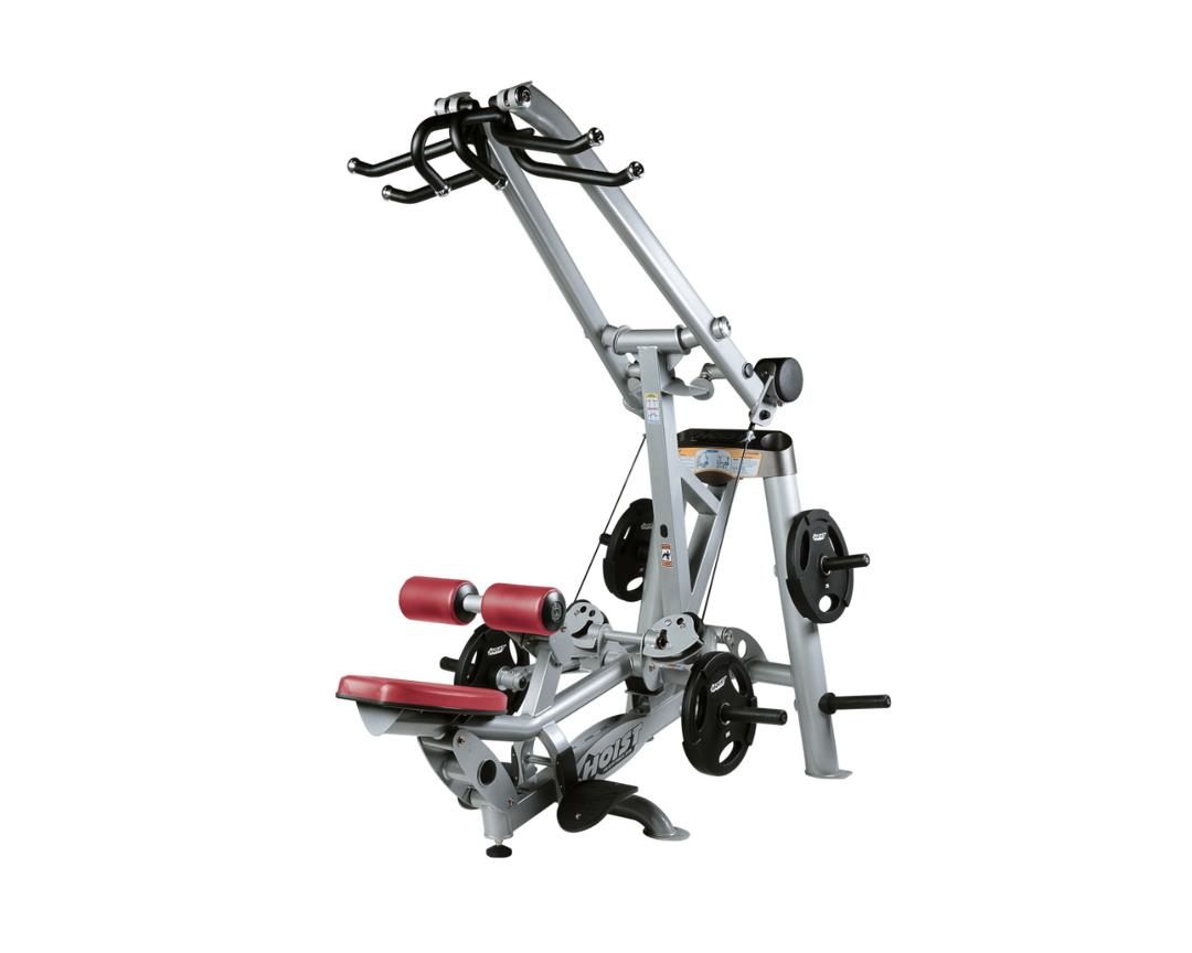 Hoist plate loaded lat pulldown machine with overhead lever arms, seat, thigh pads, and weight plate storage for back training