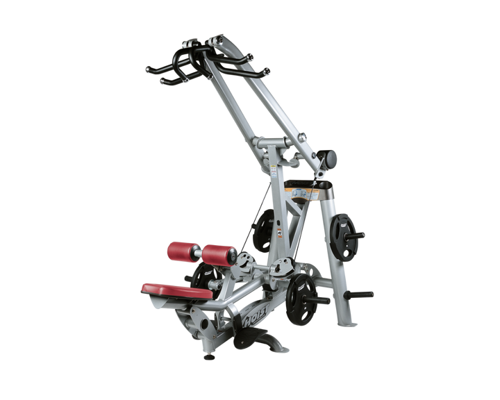 Hoist plate loaded lat pulldown machine with overhead lever arms, seat, thigh pads, and weight plate storage for back training