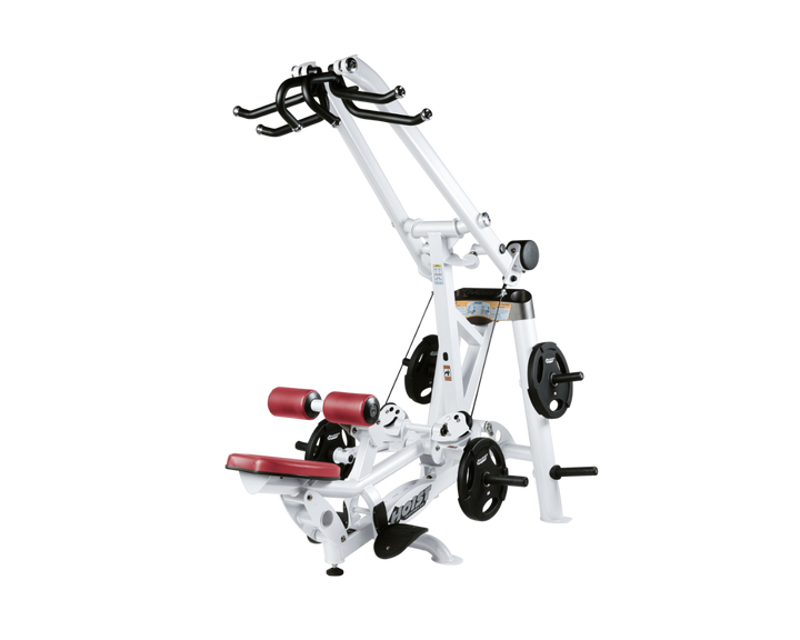 Hoist plate loaded lat pulldown machine with overhead lever arms, seat, thigh pads, and weight plate storage for back training