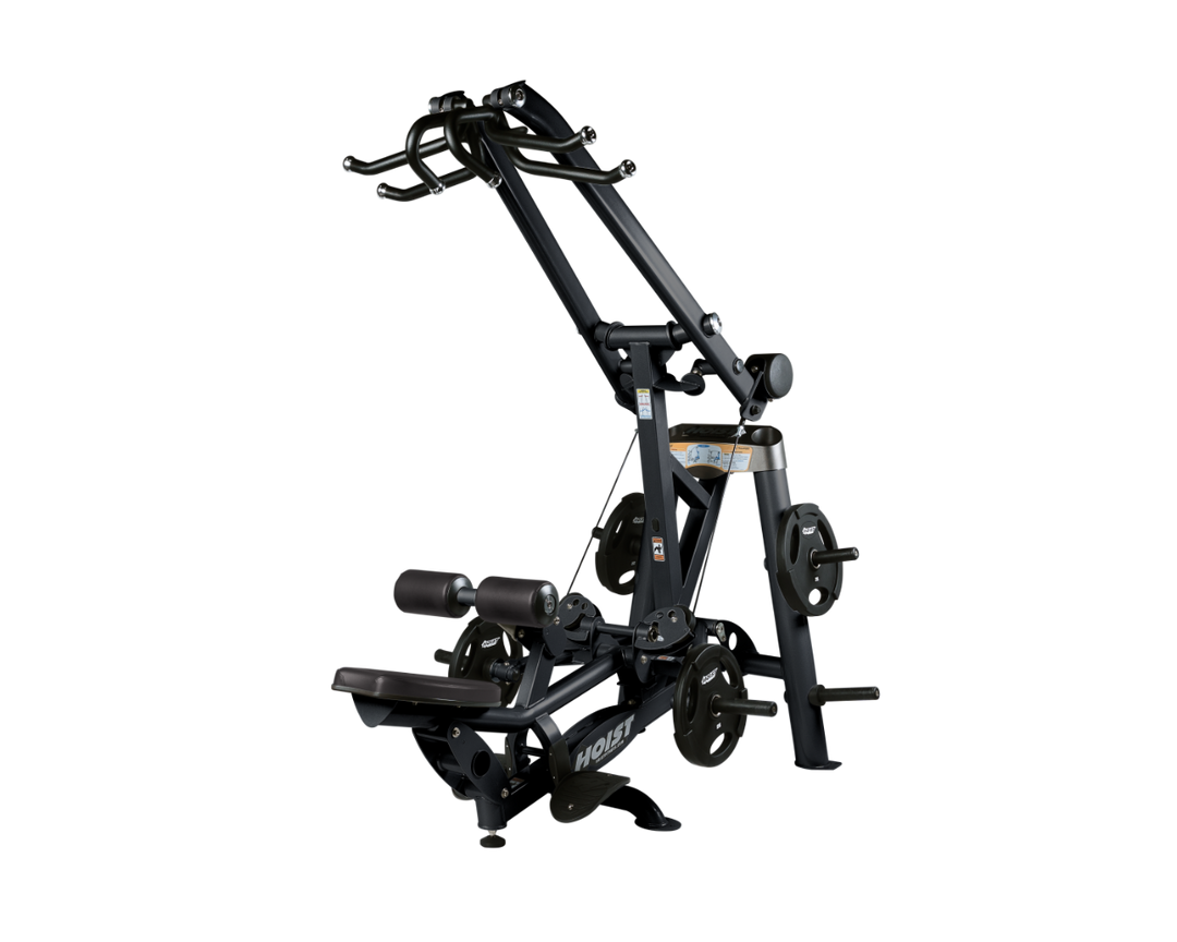 Hoist plate loaded lat pulldown machine with overhead lever arms, seat, thigh pads, and weight plate storage for back training