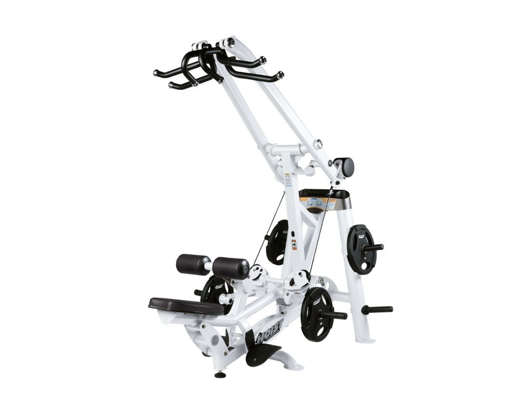 Hoist plate loaded lat pulldown machine with overhead lever arms, seat, thigh pads, and weight plate storage for back training