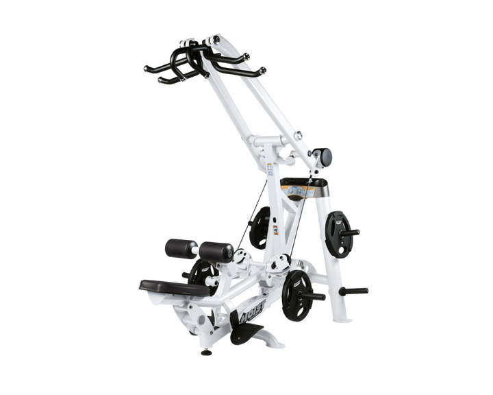 Hoist plate loaded lat pulldown machine with overhead lever arms, seat, thigh pads, and weight plate storage for back training